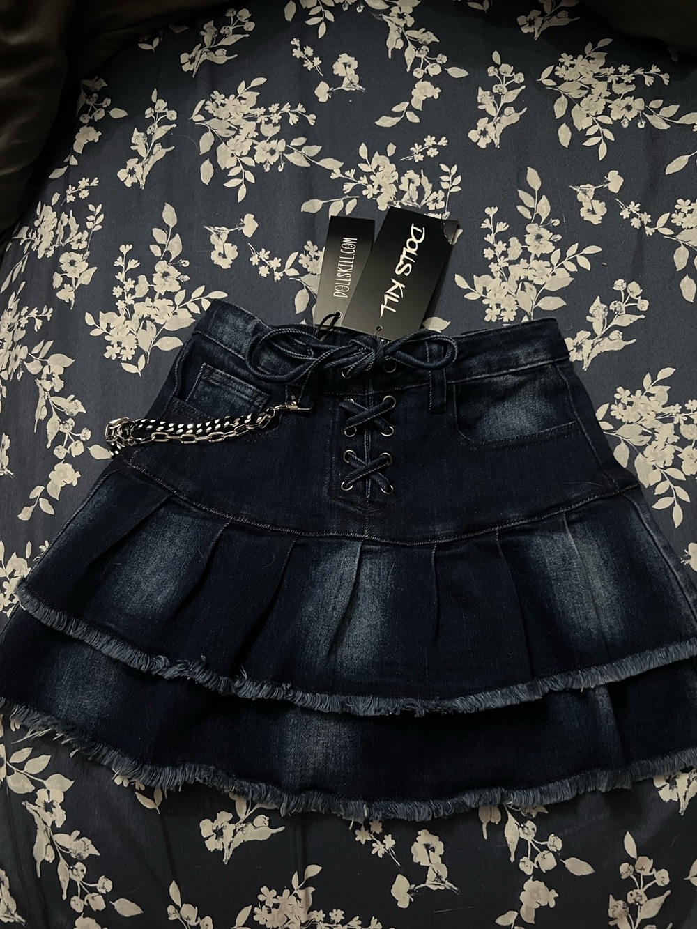 Dolls Kill Indigo Lace-Up Tiered Denim Mini Skirt